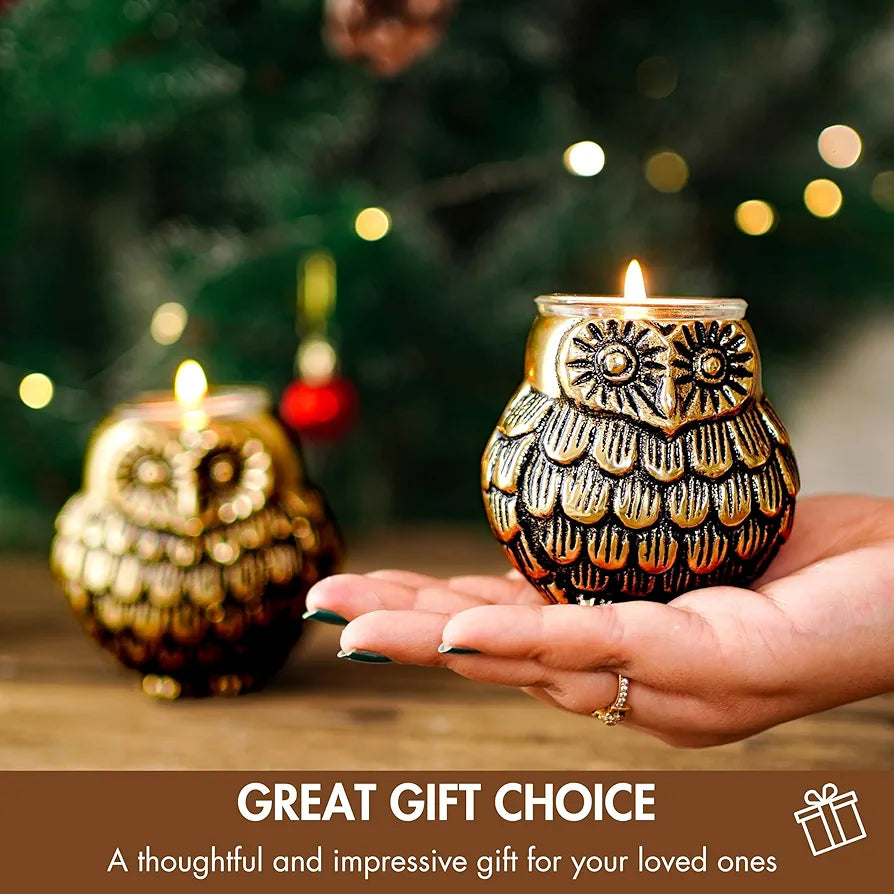 BEHOMA Aluminium Owls with Votives Set of Mother and Child | Statue for Home Decor Tabletop Living Room | Candle Holder Gift Showpiece for Mothers Day, Birthday, Anniversary | Votives Candle Included