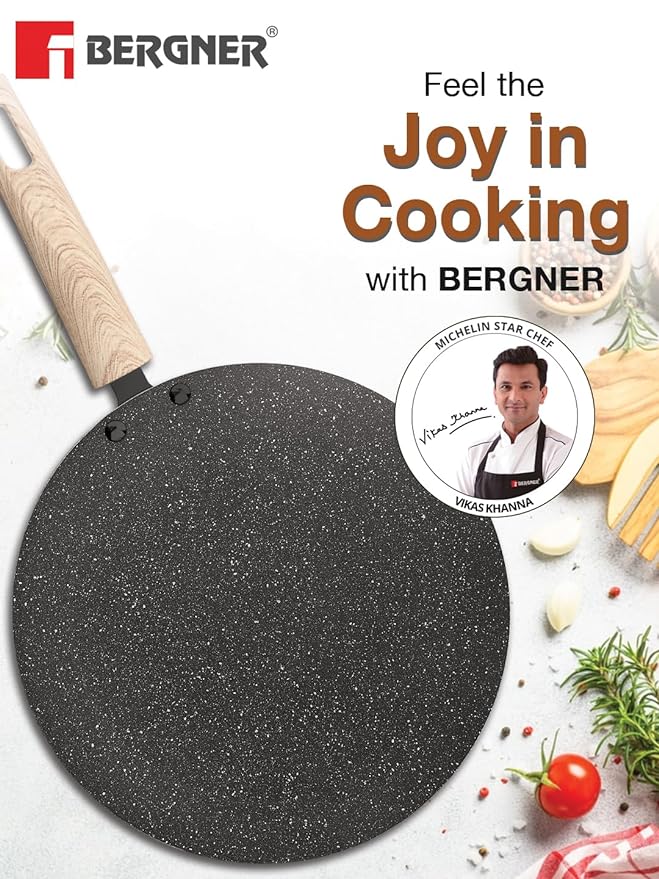 Bergner Earth Black Non-stick 26 Cm Concave Tawa | Wooden Finish Soft Touch Handle | 3mm Thickness | Consumes Less Oil