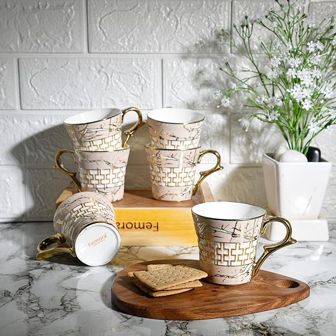 Femora Indian Ceramic Pink Gold Line Tea Cup | 6 Pieces | 155 Ml | Not Microwave Safe