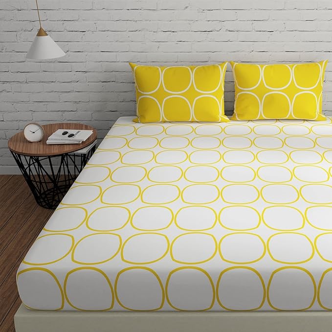 Huesland by Ahmedabad Cotton 144 TC King Size Bedsheet Cotton with 2 Pillow Covers | White & Yellow