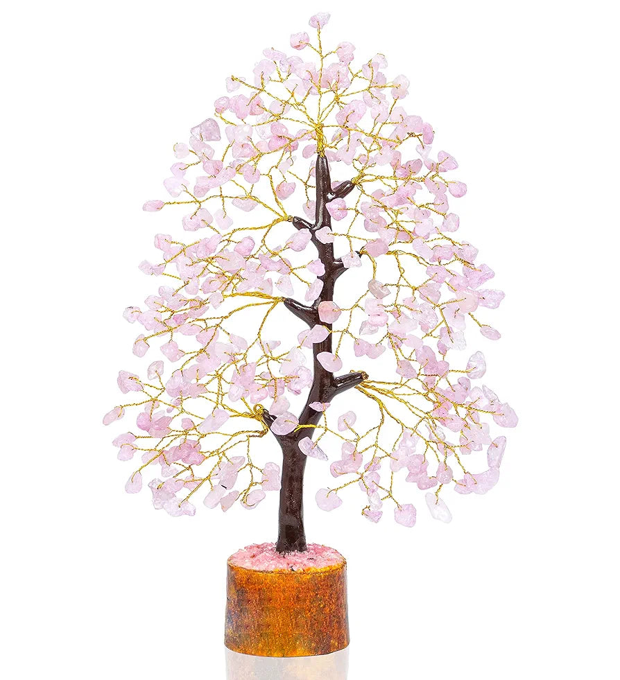 Bezavo Rose Quartz Crystal Trees Chakra Healing Money Bonsai Golden Wire