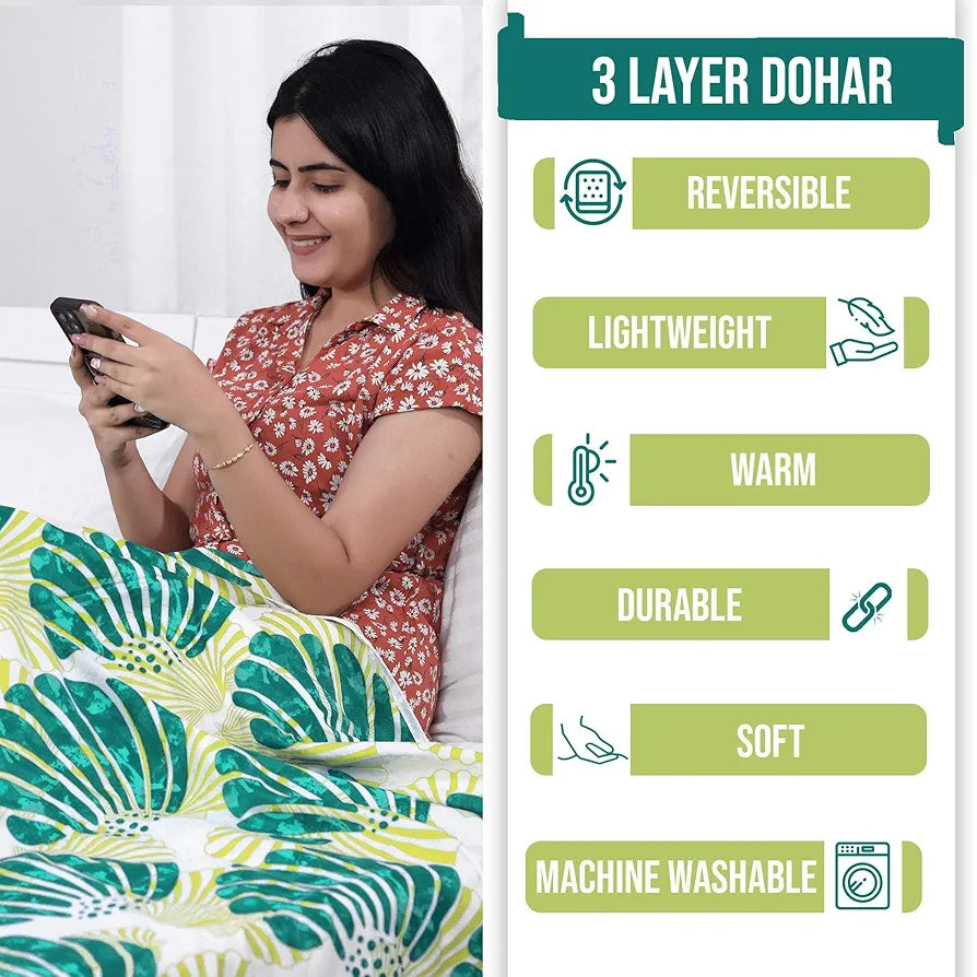 Divine Casa Glace Cotton 120 GSM Reversible Lightweight Printed Single Bed AC Dohar Blanket Quilt Colour Yellow and Blue TC - 120