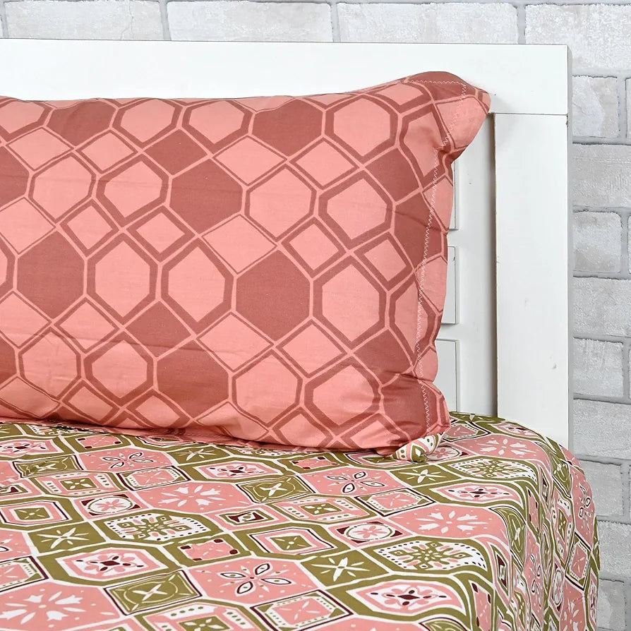 Divine Casa Pure Cotton Single Bed Printed Bedsheet with 1 Pillow Covers Nordic Hexa Pattern Colour Blush & Olive