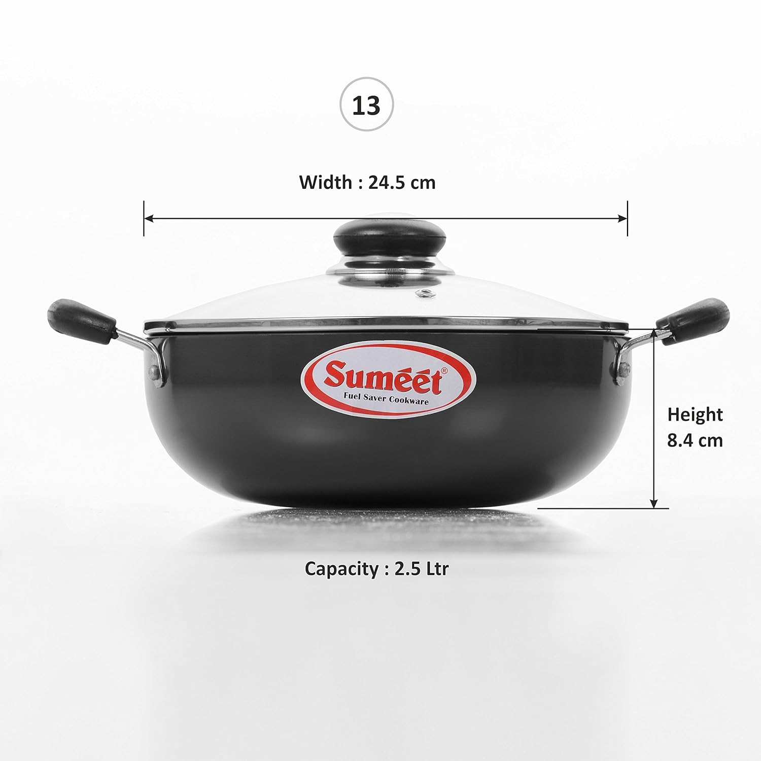 Sumeet 3mm Hardanodised Deep kadhai with Glass Lid 13 24.5cm Dia 2.5 Ltr Capacity