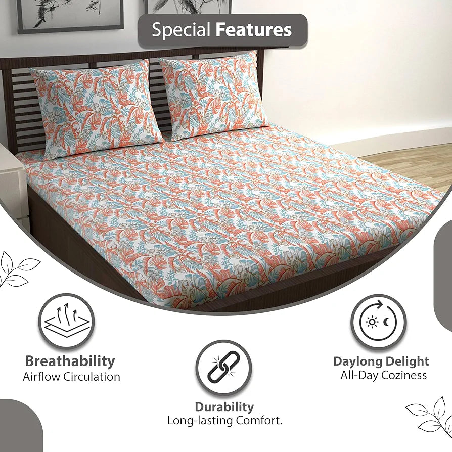 Divine Casa 144 TC Pure Cotton Double Bed Bedsheet with 2 Pillow Covers Floral Breeze Colour Coral Aqua