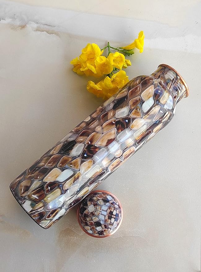 Indian Art Villa Copper Water Bottle with Big Marble Stone Printed Design