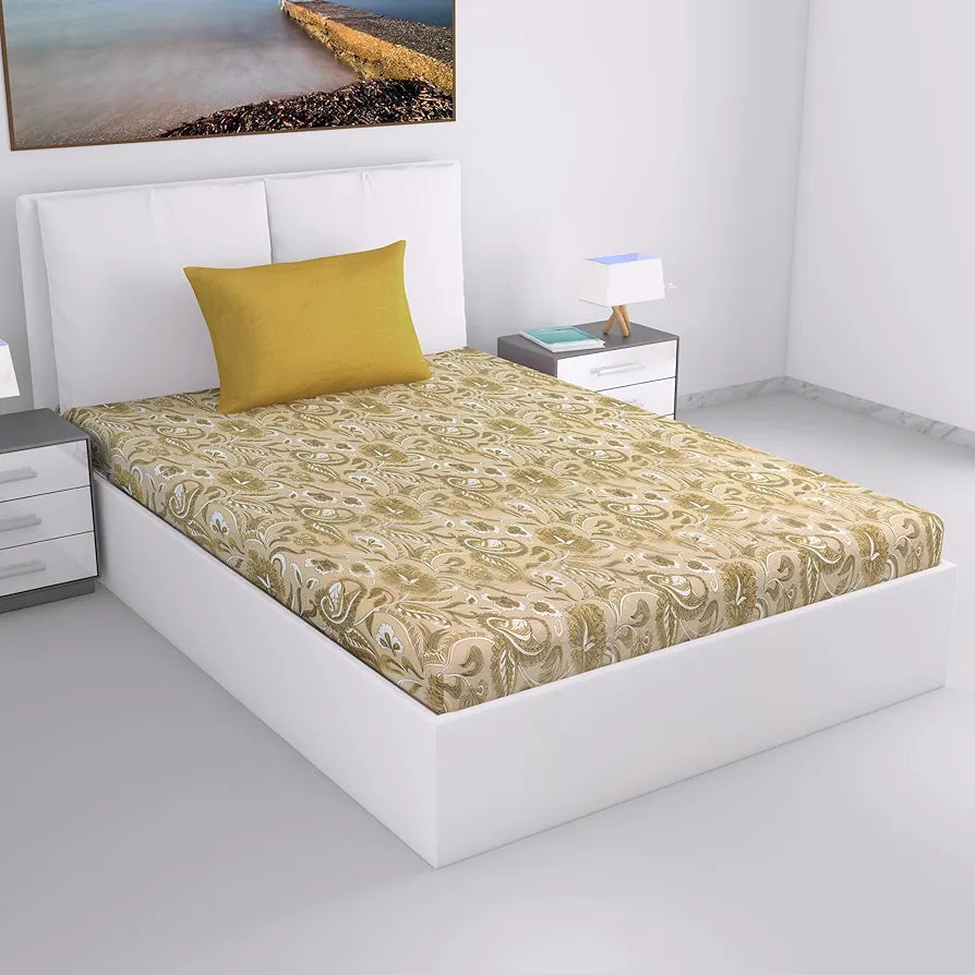 Divine Casa 144 TC 100% Cotton Single Size Bedsheet with 1 Pillow Cover Floral Paisley Colour Mustard Beige