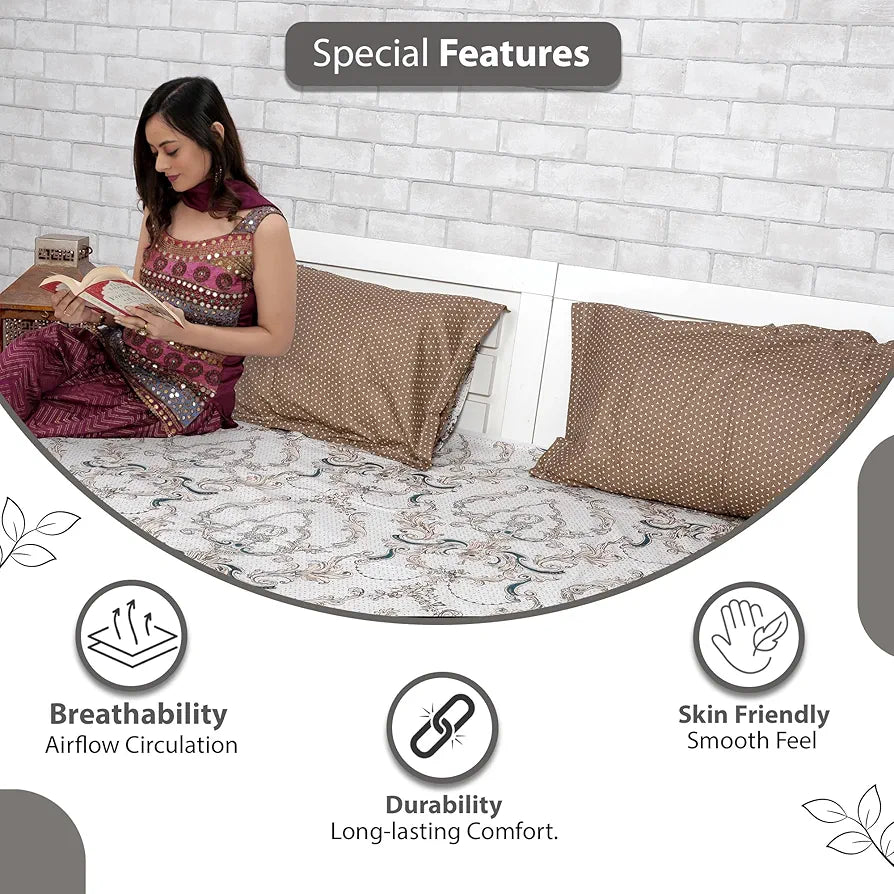 Divine Casa 144 TC King Size Bedsheet Set 100% Pure Cotton Fade Resistant 2 Pillow Covers Colour Ivory Gold