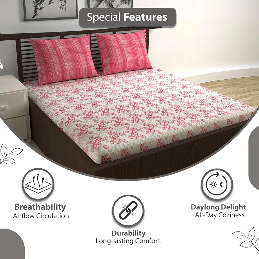 Divine Casa 144 TC 100% Pure Cotton Queen Size Double Bed Bedsheet with 2 Pillow Covers Geometric Pixel Colour Red White