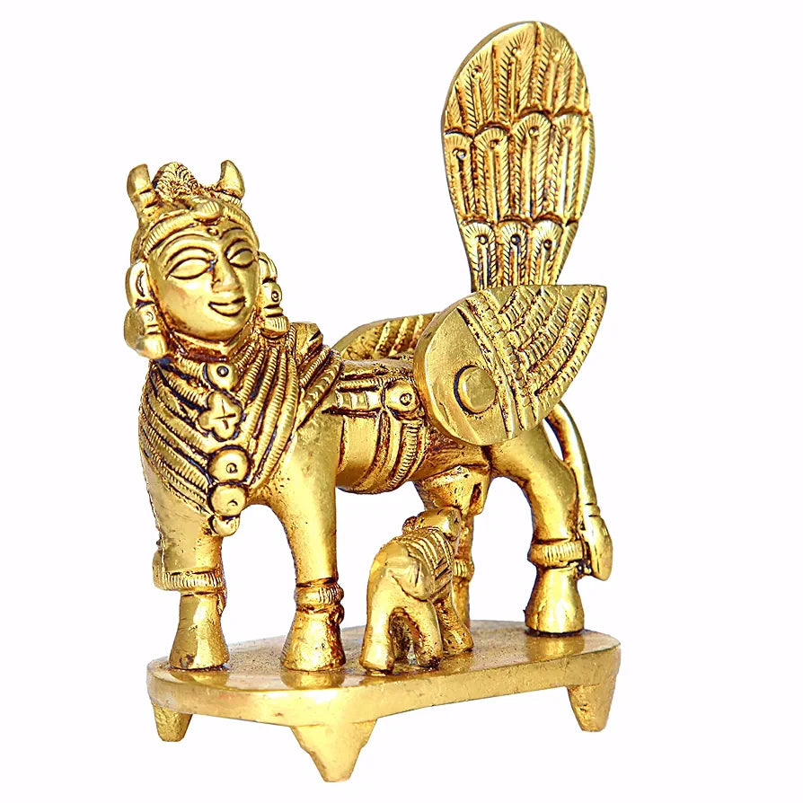 anciently Kamadhenu Cow Idol Brass | Brass Kamadhenu Cow with Calf | Kamdhenu Cow with Calf Brass | Kamadhenu Brass 10.5 CM Height Brass Gold Colour 1 Piece