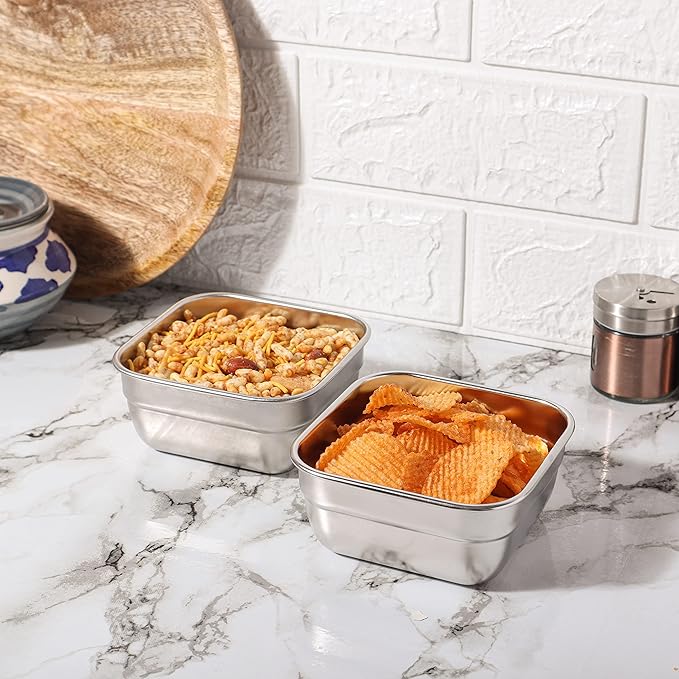 Femora Stainless Steel Square Serving Bowl Set of 2 | 380 Ml