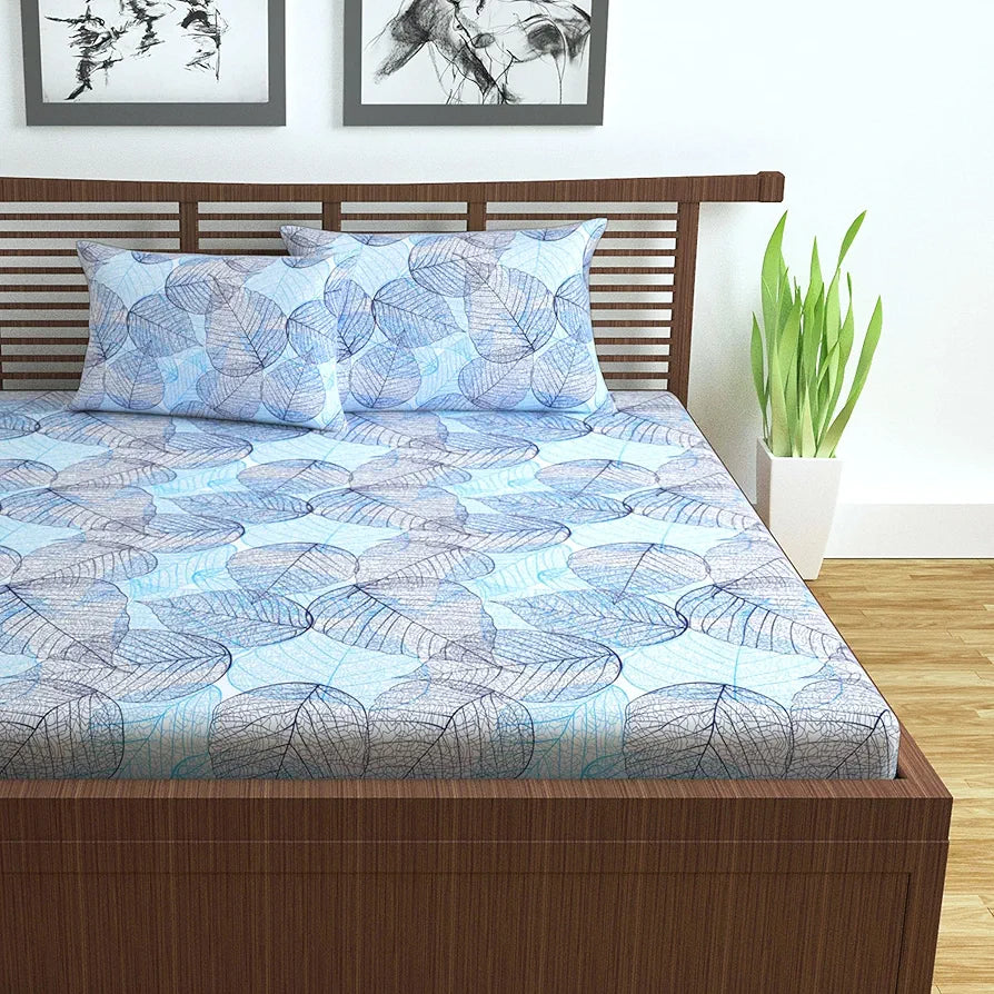 Divine Casa 144 TC Cotton Double Bedsheet with 2 Pillow Covers Colour Light Blue Floral Print Soft & Breathable