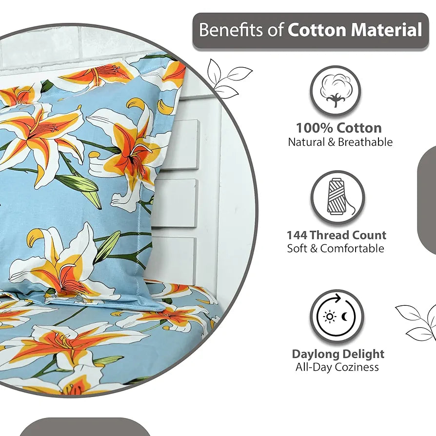 Divine Casa 100% Cotton Bedsheet for Single Bed 144 TC Bedsheet Single Size Bed Cotton with 1 Pillow Cover Colour Soft Sky Blue