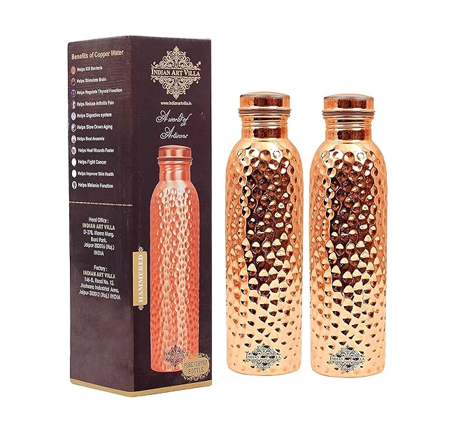 Indian Art Villa Pure Copper Water Bottle With Hammered Shine Finish Design