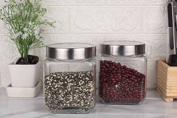 Femora Kitchen Storage Jars Transperent Glass With Steel Lid Air Tight Jar | 1150 Ml | Pack of 2