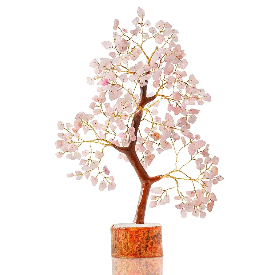 Reikved Rose Quartz Pink Crystal Gemstone Bonsai Money Tree with Chakra Bracelet