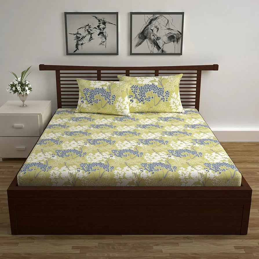 Divine Casa 144 TC 100% Cotton Double Bedsheet with 2 Pillow Covers Floral Pattern Colour Lemon Drop