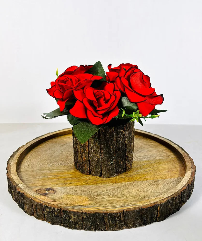 Artificial Velvet Rose Fake Flowers Potted Artificial Plants Indoors Natural Wooden Pot
