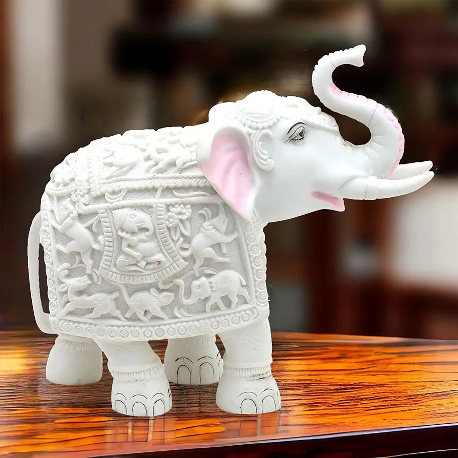 Kraftskala White Elephant Showpiece Animal Carving Big Size Marble Resin Aesthetic Statue