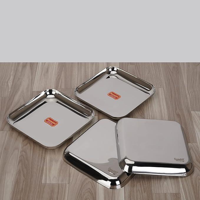 Sumeet Stainless Steel Medium Square Shape Plate Set of 4pcs 22.5cm Silver