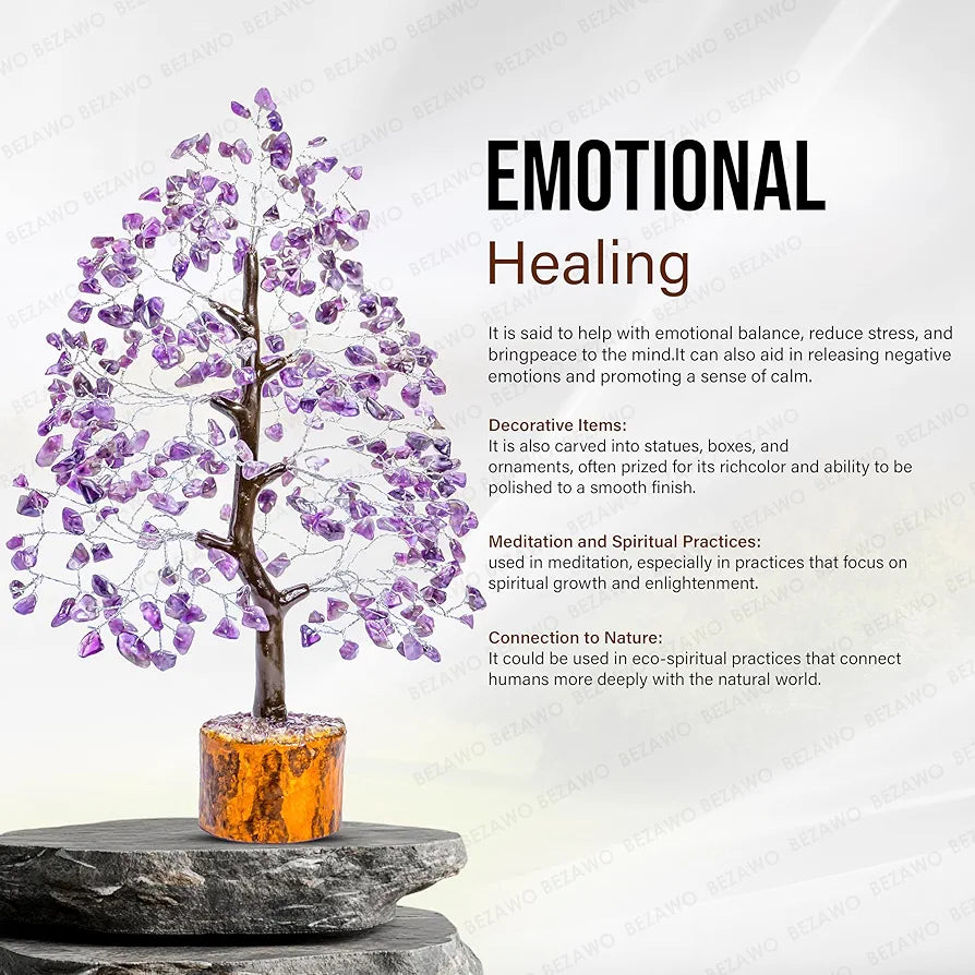 Bezavo Amethyst Gemstone Crystal Tree – Good Luck Showpiece for Home Decor Bonsai Money Tree for Prosperity & Decoration – 10-12 Inch