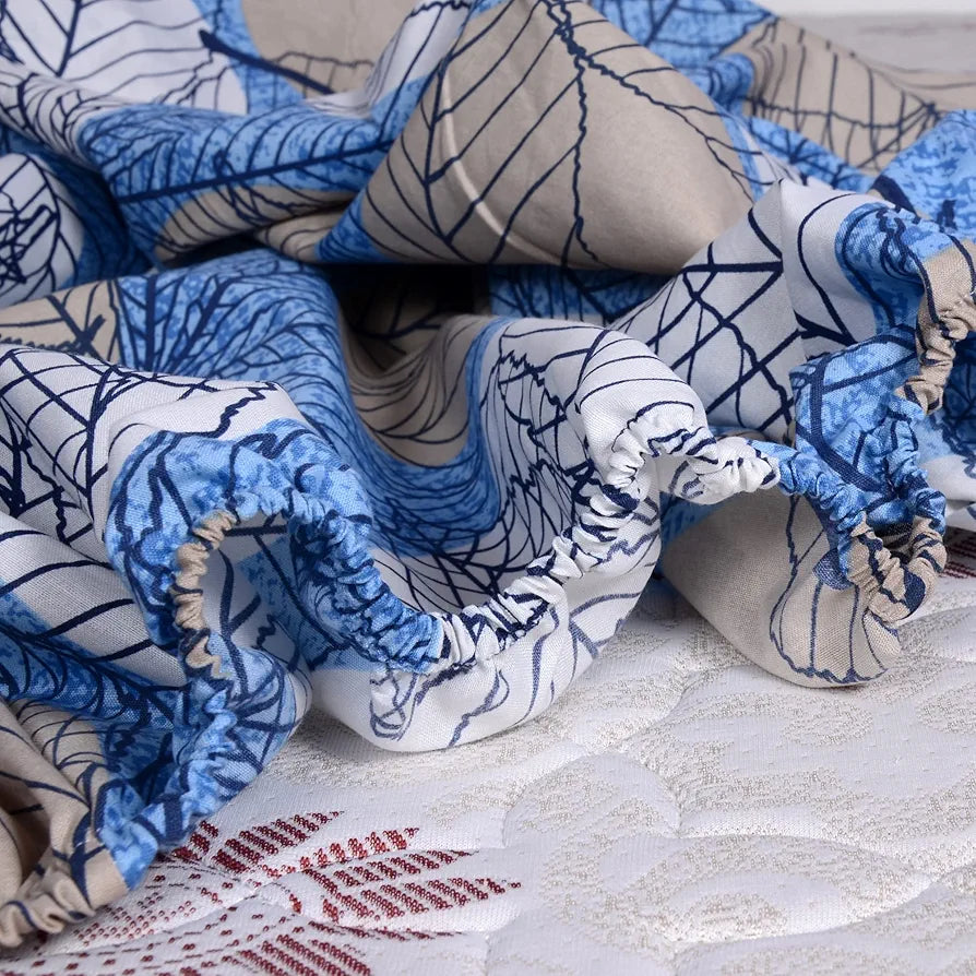 Divine Casa 144 TC Cotton Fitted Bedsheet for King Bed 100% Cotton Floral Blue Elastic Fit Everyday Use Bedsheet
