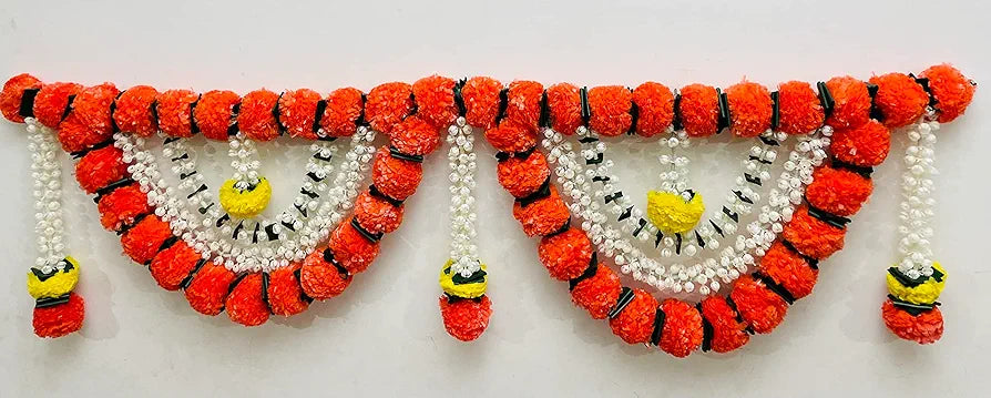 Artificial Marigold Fluffy Flowers Garlands Door Toran Set/Door Hangings Dark Orange with Jasmine and leaves