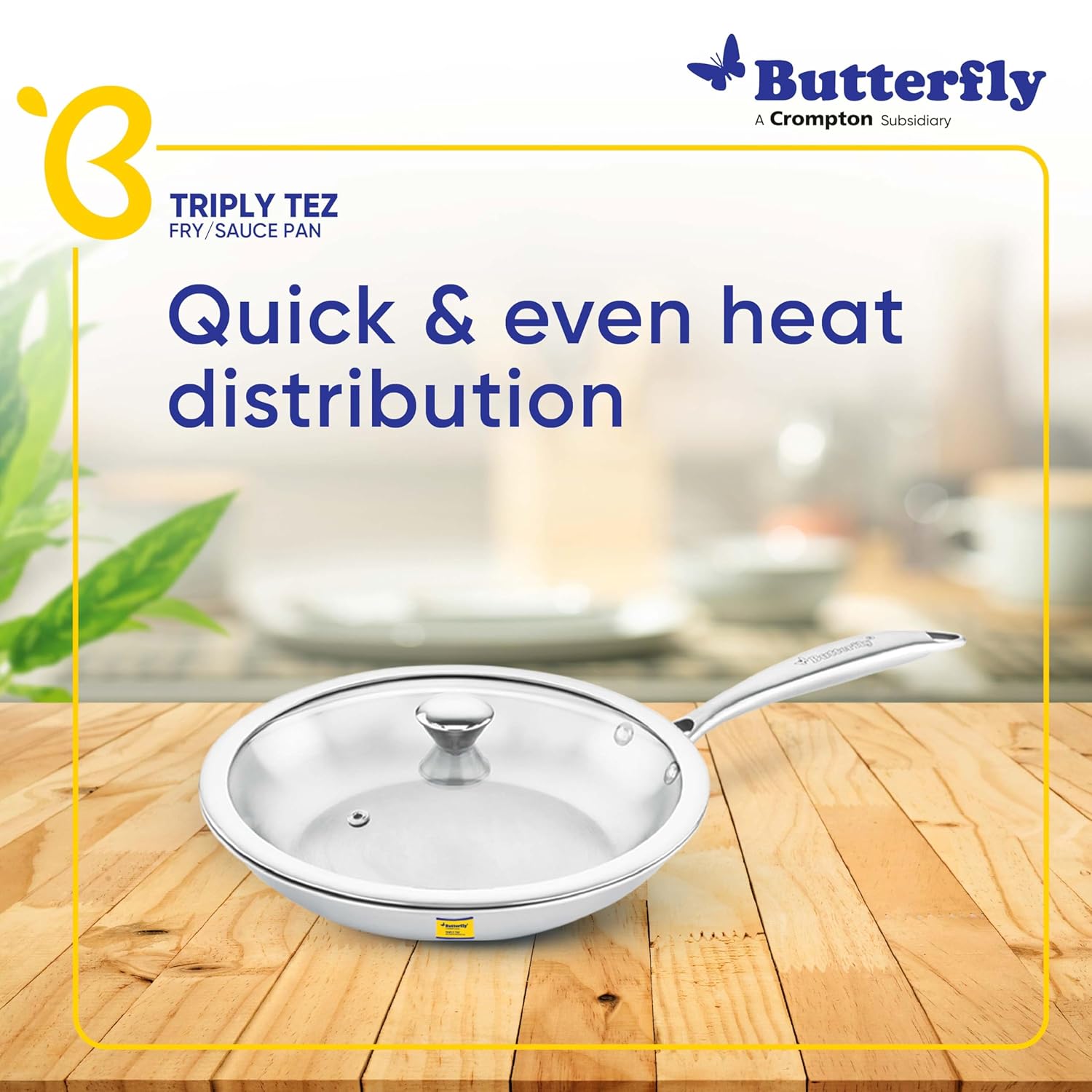 Butterfly Tez Triply Fry/Saute Pan with Glass Lid | 26 cm | 2 Litre