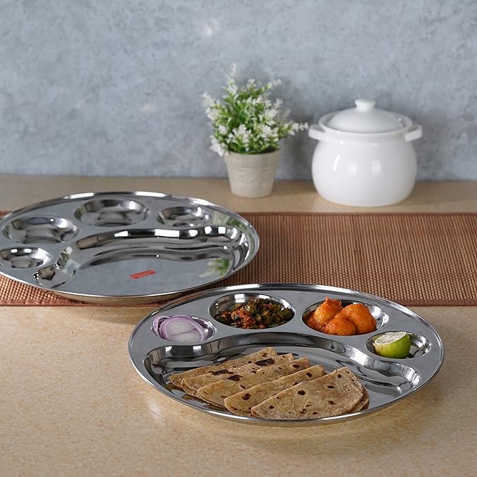Sumeet Stainless Steel Round 5 in 1 Compartment Lunch Small Plates Set of 2Pcs 31cm Silver