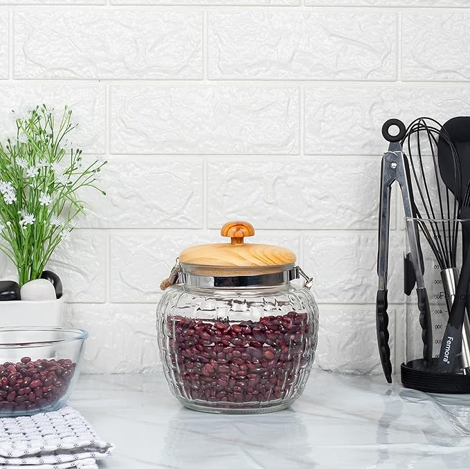 Femora Kitchen Storage Jars Embossed Glass Jar With Wooden Lid & Jute Chain Air Tight Jar | 1500 Ml