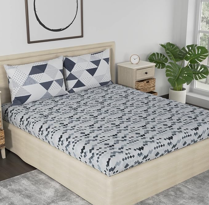 Huesland by Ahmedabad Cotton 186 TC King Size Bedsheet Cotton with 2 Pillow Covers | Grey & White