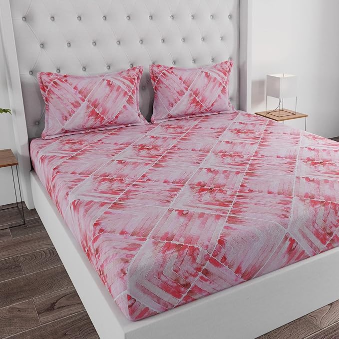 Huesland by Ahmedabad Cotton 144 TC Cotton King Size Bedsheet with 2 Pillow Covers - Brown, Peach & White