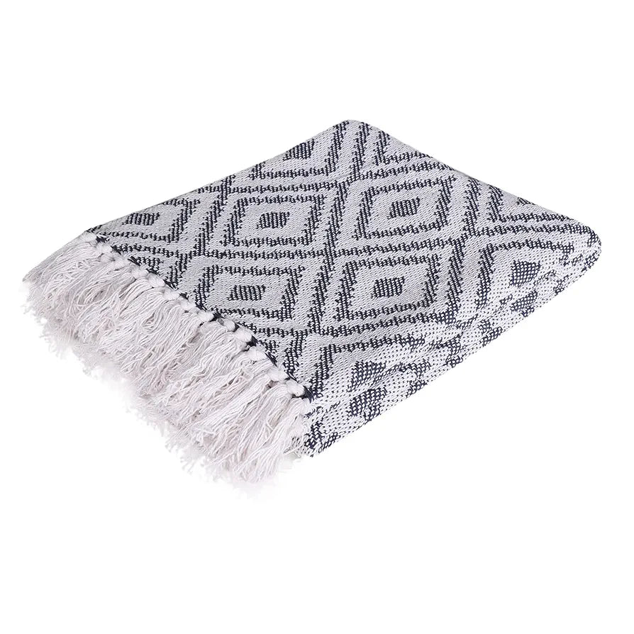 Sashaa World Woven Diamond Pattern Throw Blanket Colour Grey