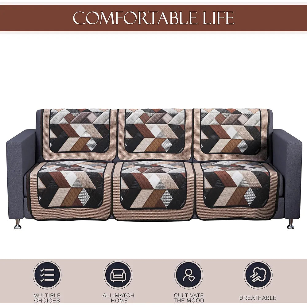 Kuber Industries Set of 6 Velvet 3 Seater Sofa Covers for Living Room Triangular-Cream & Brown