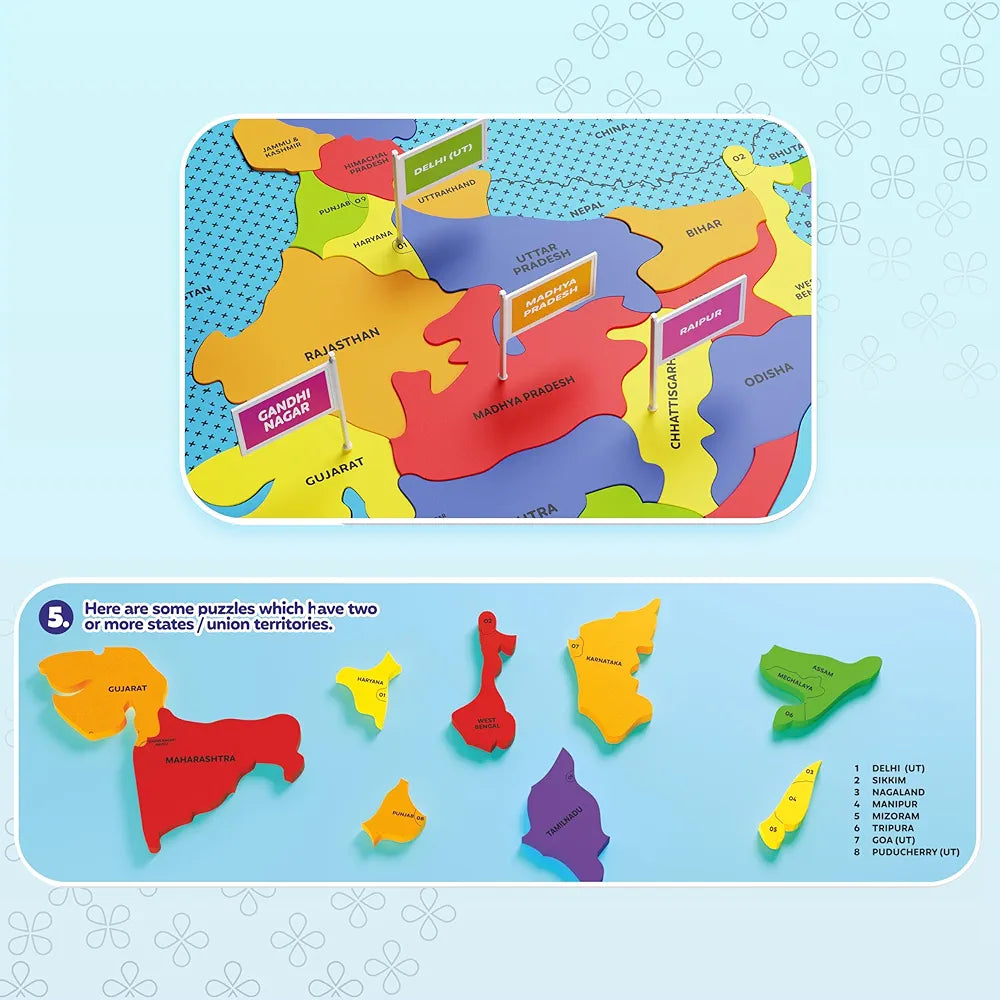 SPARTAN KIDS® India Map Puzzle, Learn Indian States & Capitals, Educational Toy for Ages 4-8, 25-Piece Jigsaw with Foam Frame, 33 Flags, 70 Capital Stickers, Geography Gift for Kids