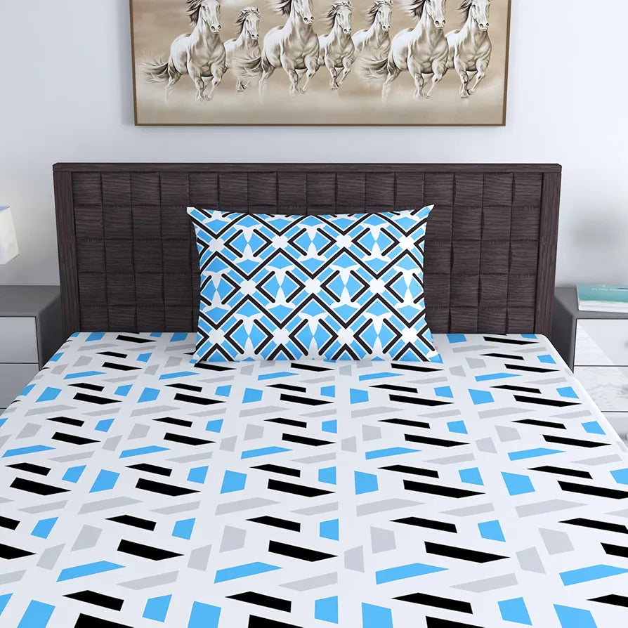 Divine Casa 144 TC Cotton Bedsheet for Single Bed with 1 Pillow Cover Colour Grey & Blue