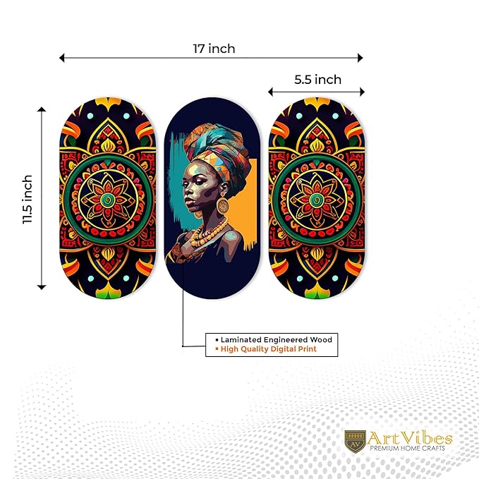 Artvibes African Lady and Mandala Pattern Wooden Wall Hanger for Home | Artworks | Set of 3