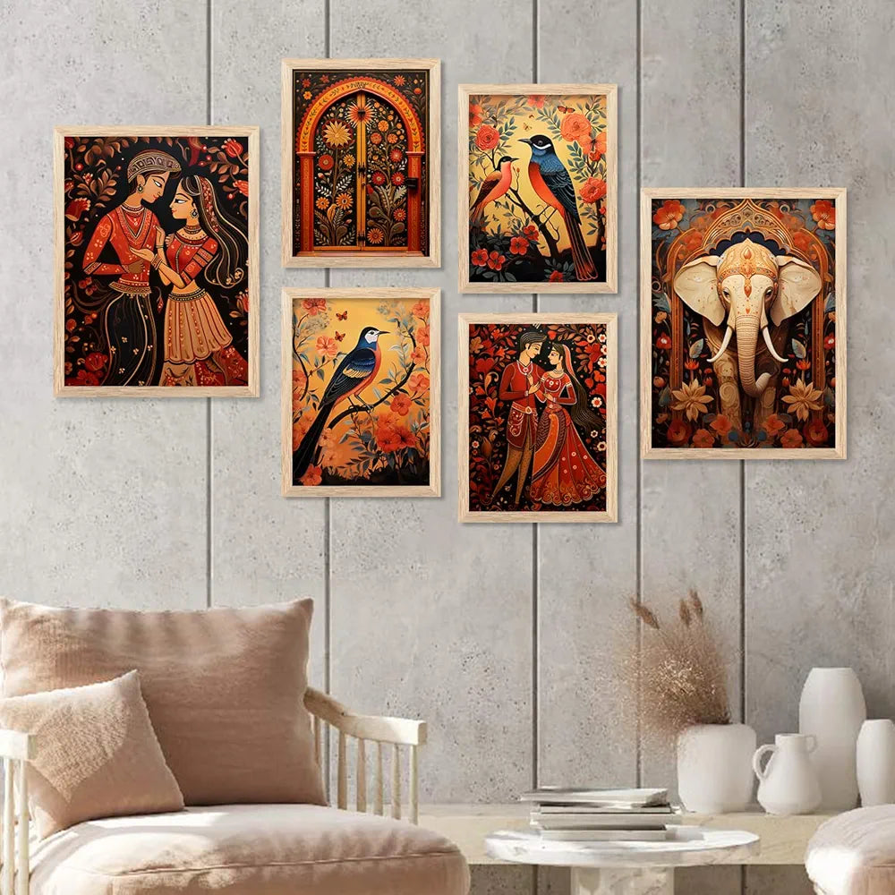 Kotart Madhubani Art Paintings with Frame Traditional Framed Painting Pack of 6