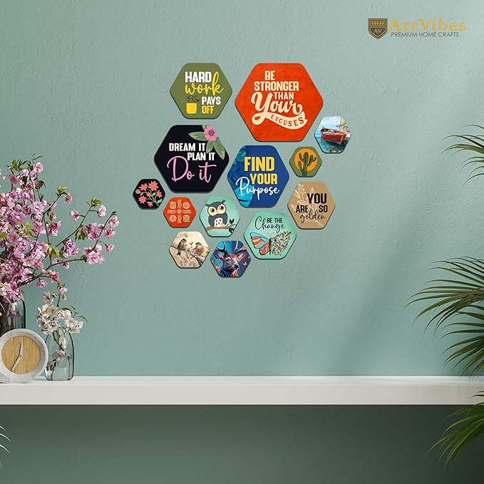 Artvibes Decorative Modern Wooden Wall Hanging Decoration for Home | Quotes Decor Item | Pack of 13 Pieces