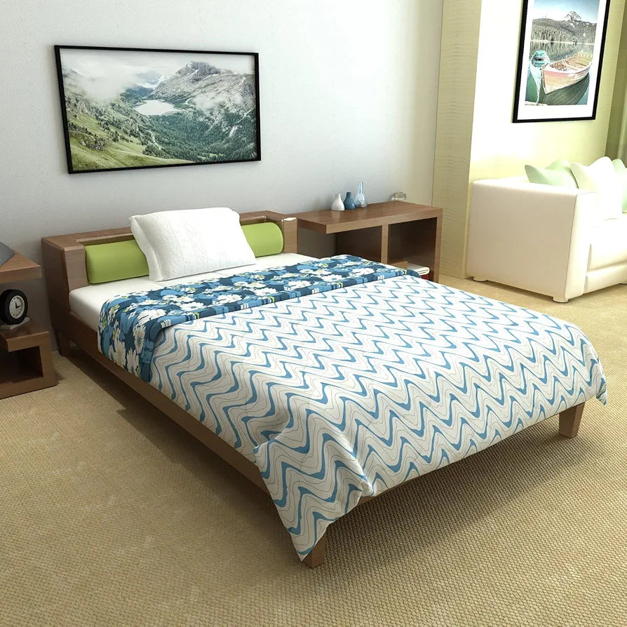 Divine Casa Microfibre All Weather Lightweight 120 GSM Printed Reversible Single Bed Size Quilt Comforter Blanket TC - 120 Colour Navy Blue and White