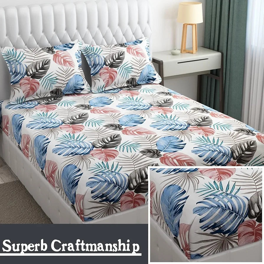 Fresh From Loom Microfiber Double Bed Bedsheet For King Size Bed Floral Design Bed Spread With 2 Pillow Covers 144 TC BBM White