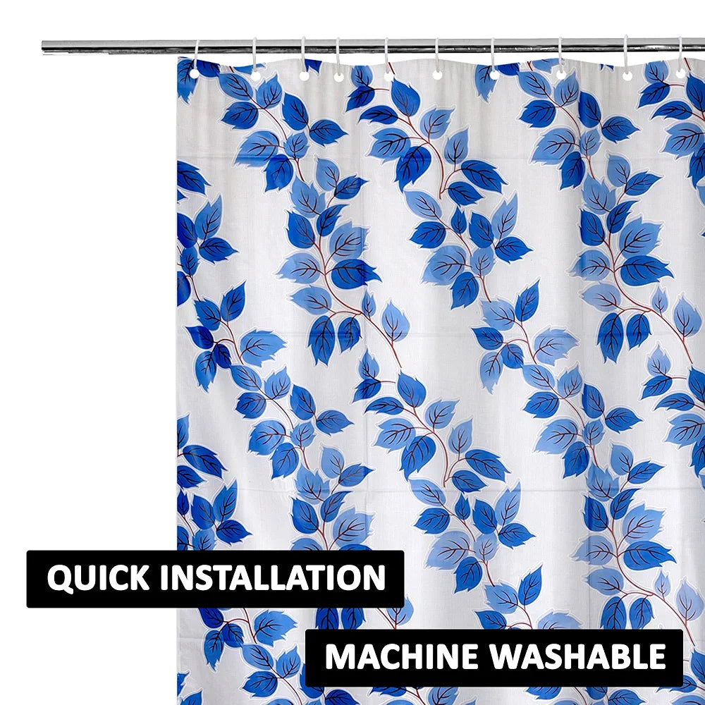 Kuber Industries Shower Curtain Bathroom Shower Curtain 8 Rings Curtain Leaf Print Blue