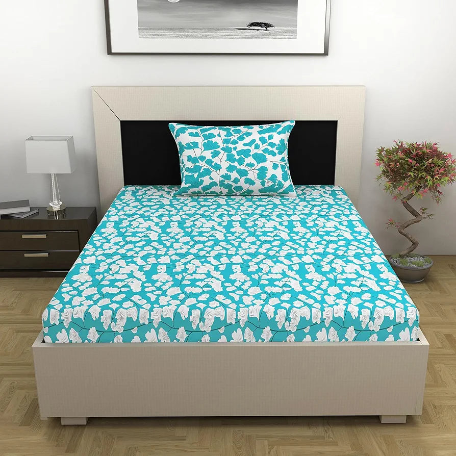 Divine Casa Bedsheet for Single Size Bed 144 TC Cotton Bedsheet for Single Size Bed with 1 Pillow Cover  Floral Colour Aqua & White