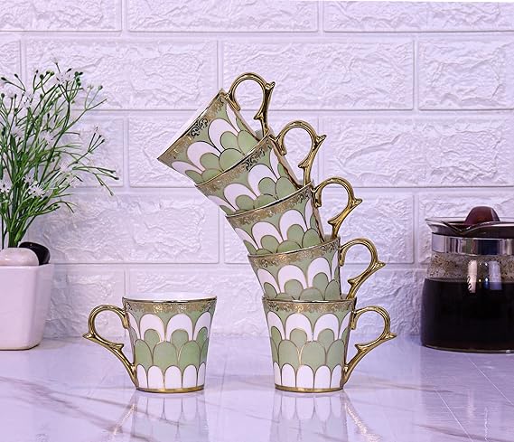 Femora Water Drop Scale Pattern Golden Tea Mugs, Ceramic Tea Cups, Coffee Mugs | 160 Ml | Green | 6 Pieces Set | Not Microwave Safe