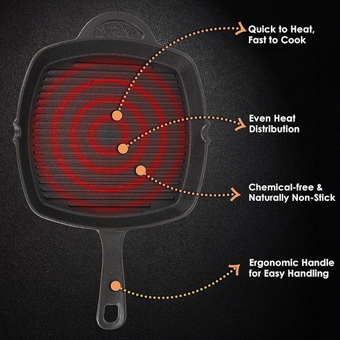 Solara Premium Pre-seasoned Cast Iron Grill Pan With Long Handle | 24 Cm | Induction Friendly | Toxin-free Tandoor Grill Pan