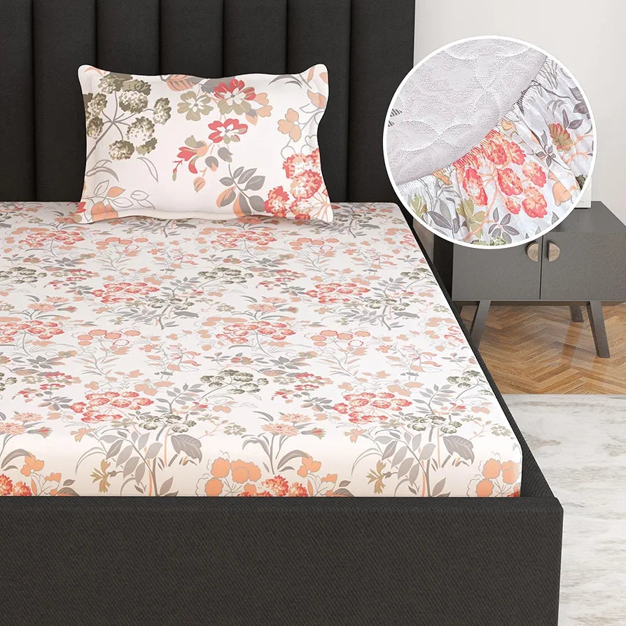 Divine Casa 144 TC 100% Cotton Floral Print Peach Super Soft Elastic Fitted Bedsheets Single Bed Colour Peach amber
