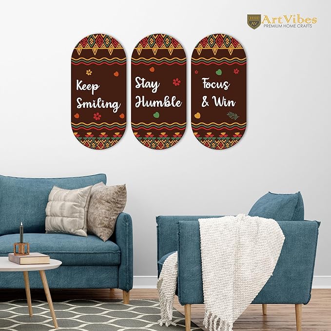 Artvibes Keep Smiling Positive Quotes Printed Wooden Wall Hanger for Home | Artworks | Set of 3