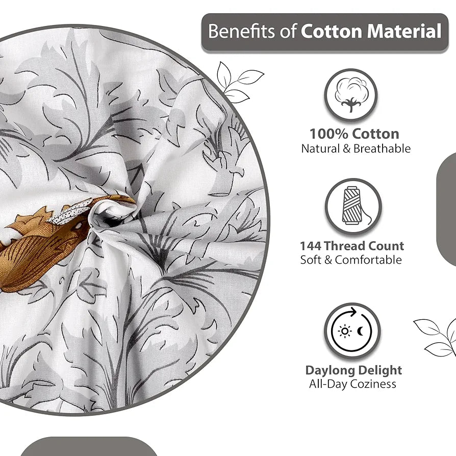 Divine Casa Double Size Bedsheet for Double Bed 144 TC Pure Cotton Queen Size with 2 Pillow Covers Floral Colour Amber Grey