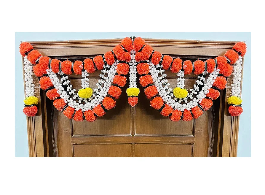 Artificial Marigold Fluffy Flowers Garlands Door Toran Set/Door Hangings Dark Orange with Jasmine and leaves
