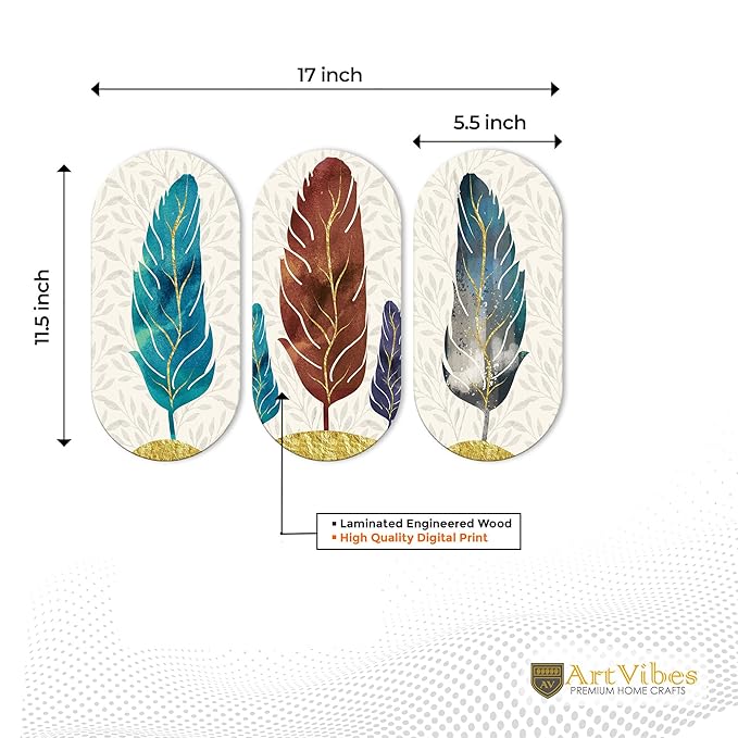 Artvibes Feather Wooden Wall Hanging Decoration Items for Home | Set of 3